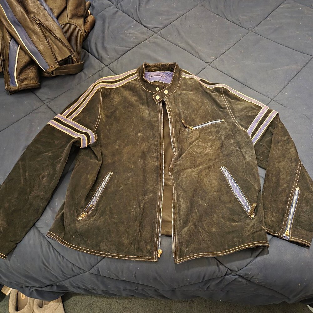 Mens Wilson Leather M Julian Moto Style Sueded Jacket XL Black with Blue Stripes